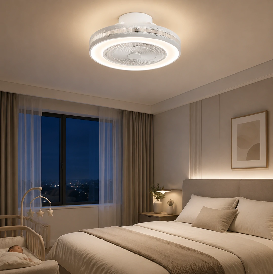 20 inch white ceiling fan with light showing smart airflow and lighting features in modern bedroom flush mount installation design