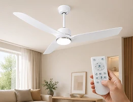 Ceiling fan with remote control and LED lighting features for modern residential and hospitality spaces