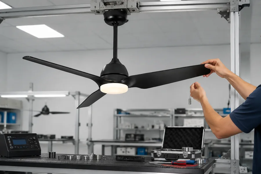Ceiling fan balance testing to reduce wobble and returns