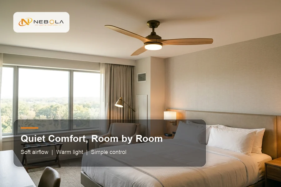 Quiet hotel ceiling fan with light creating comfortable guest room airflow