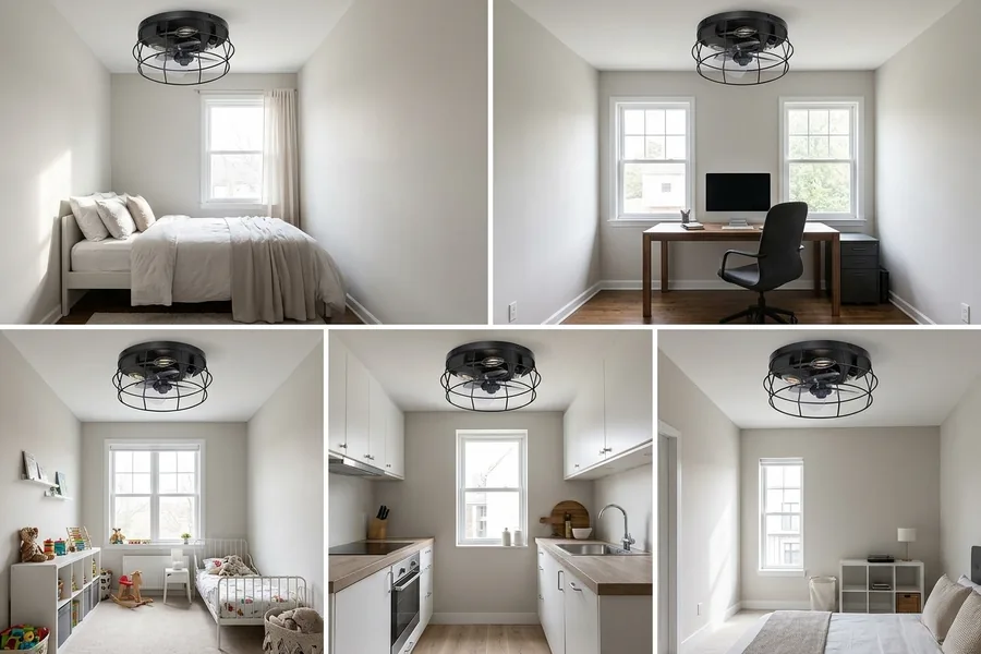 Different small rooms showing how to choose between a 36 inch ceiling fan and a 42 inch fan.