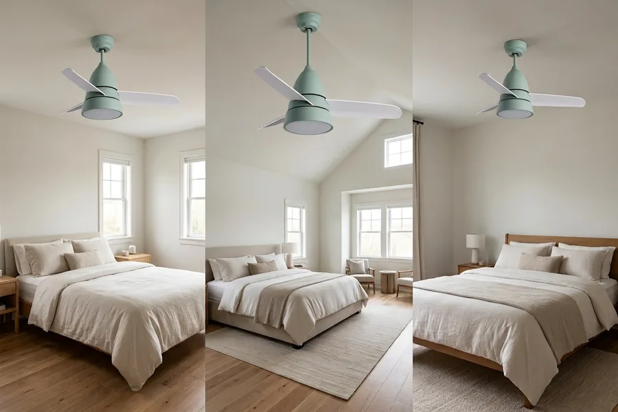 Different bedroom layouts showing how ceiling fan size depends on the room scenario