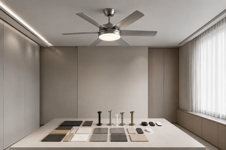 Commercial ceiling fan project planning with samples and mounting parts