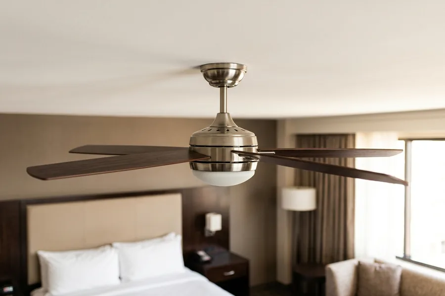 Commercial hotel ceiling fan showing durable materials and safe mounting