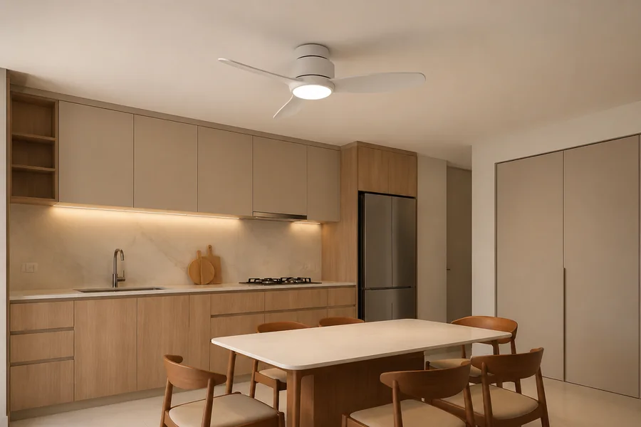 Flush mount ceiling fan light for a compact kitchen room