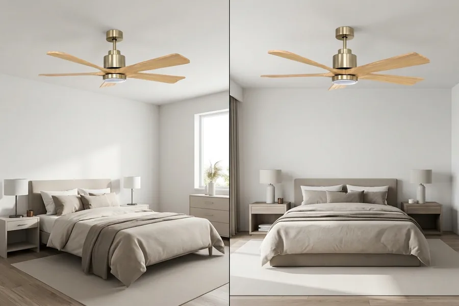 Side by side comparison of medium and large bedroom ceiling fan proportions
