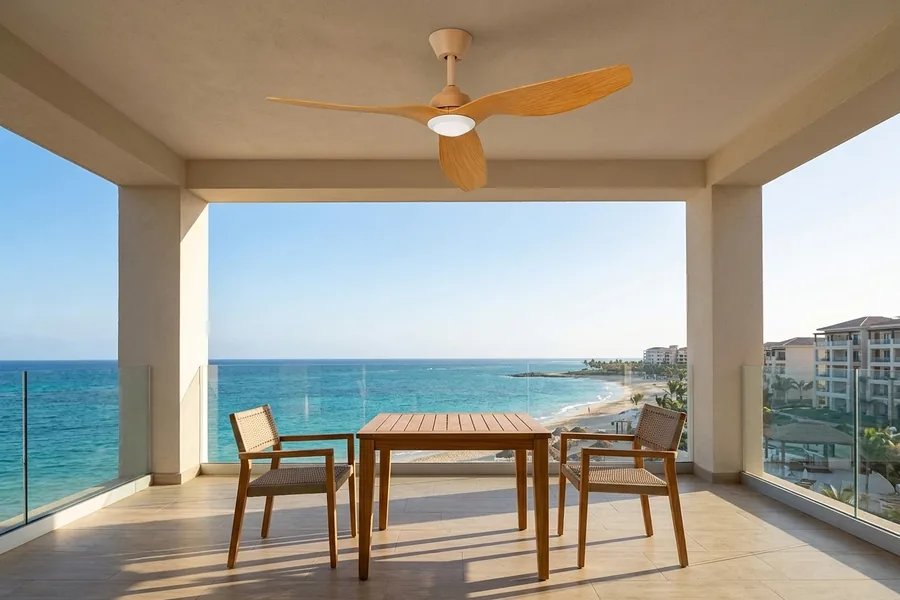 Ceiling fan light for covered hotel patio or semi outdoor area