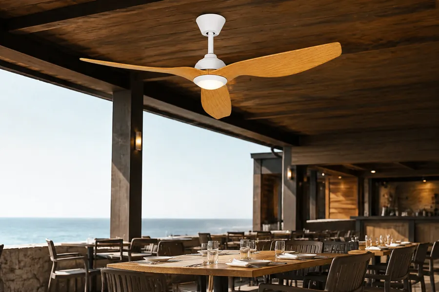 Covered outdoor restaurant dining ceiling fan size planning