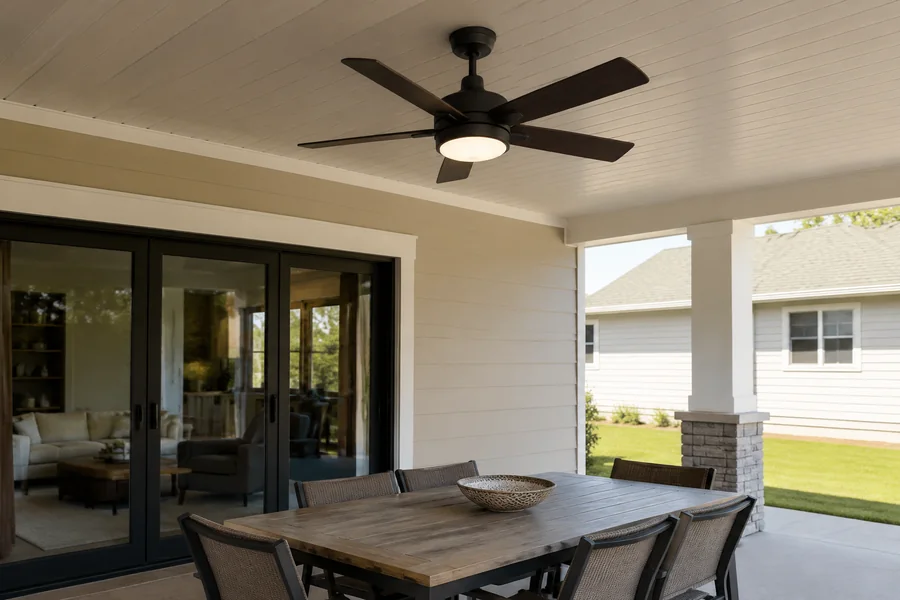 Covered patio ceiling fan selected for damp outdoor conditions