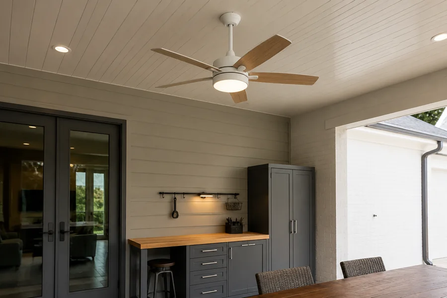 Ceiling fan mounting for covered patios garages and project rooms