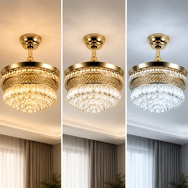 Crystal bladeless ceiling fan light luxury series showing adjustable 3CCT lighting color temperature variations in modern interior bedroom environment