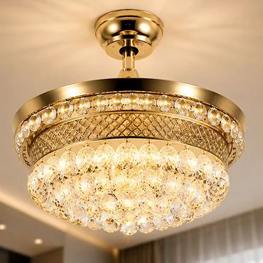 Luxury crystal bladeless ceiling fan light with high clarity crystal lighting design creating warm elegant ambient glow in modern interior