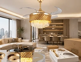 Crystal bladeless ceiling fan light luxury series installed in elegant modern living room with crystal chandelier style lighting design