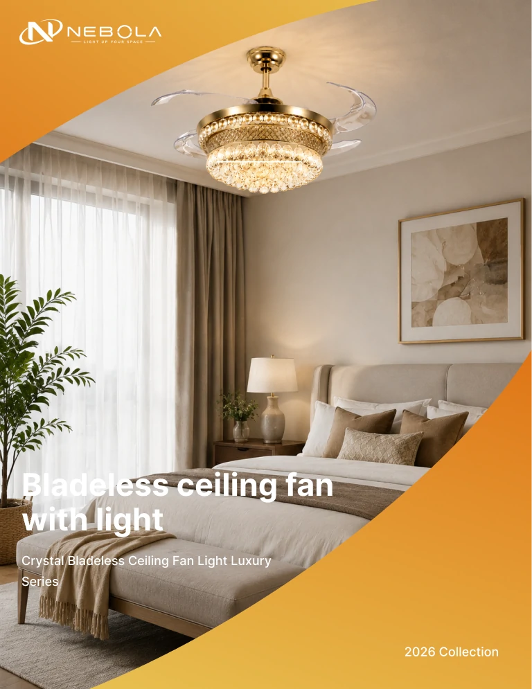 Crystal bladeless ceiling fan light luxury series installed in elegant bedroom interior with warm lighting and modern luxury home design atmosphere