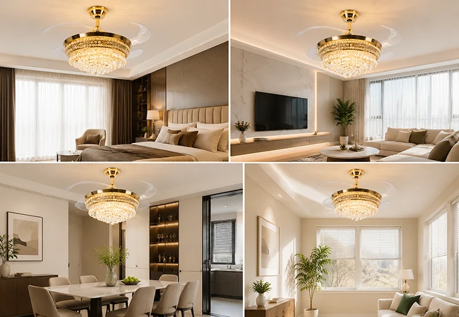 Crystal bladeless ceiling fan light luxury series shown across multiple modern interiors including bedroom living room dining room showcasing versatile installation applications