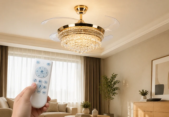 Hand holding remote control operating crystal bladeless ceiling fan light in modern luxury bedroom interior with soft warm lighting