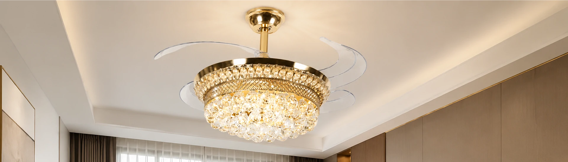 Crystal bladeless ceiling fan light luxury series installed in modern premium living room with elegant crystal lighting ambiance