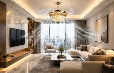 Crystal bladeless ceiling fan light luxury series installed in modern luxury living room with crystal chandelier style lighting and elegant interior design