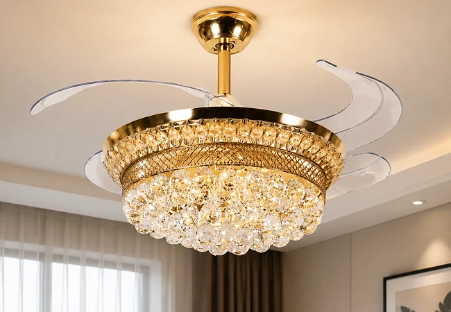Crystal bladeless ceiling fan light luxury series installed in modern elegant living room with warm ambient lighting and premium crystal chandelier design