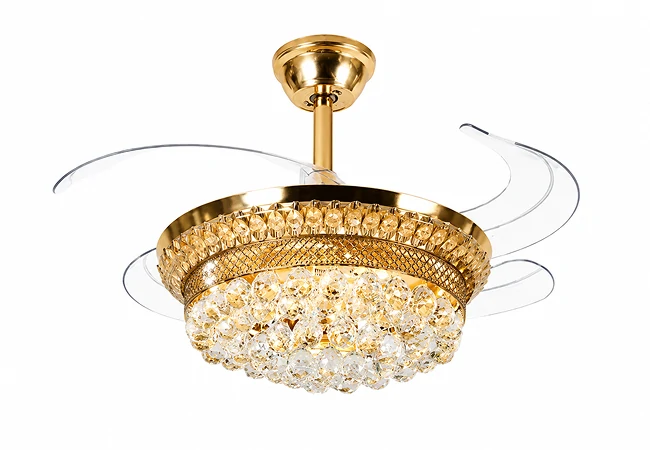 Crystal bladeless ceiling fan light luxury series product isolated on clean white background showing premium crystal chandelier design structure