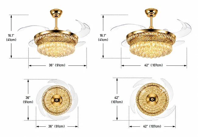 Crystal bladeless ceiling fan light luxury series technical size comparison showing different diameter options in clean minimalist product layout