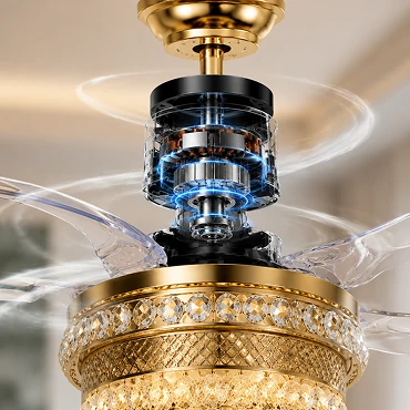 Crystal bladeless ceiling fan light luxury series showing DC energy efficient motor structure with modern engineering design concept