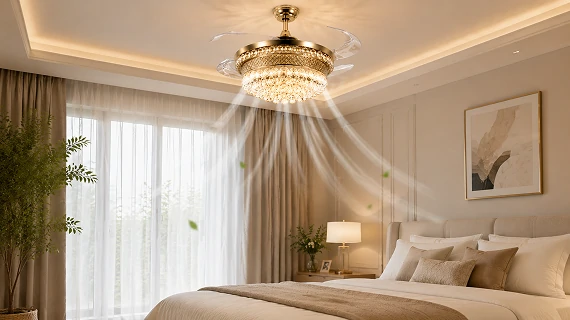 ystal bladeless ceiling fan light luxury series showing engineered airflow distribution in modern luxury bedroom interior with elegant lighting design