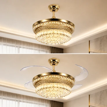 Crystal bladeless ceiling fan light luxury series showing retractable hidden blade system in modern elegant interior environment