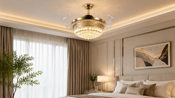 Crystal bladeless ceiling fan light luxury series mounted on modern ceiling showing luxury installation design in premium residential interior