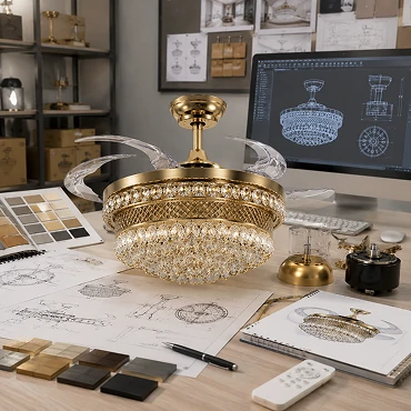 Crystal bladeless ceiling fan light luxury series OEM ODM customization workspace showing engineering drawings material samples and factory development environment