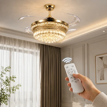 Hand holding remote control operating crystal bladeless ceiling fan light luxury series in modern luxury bedroom interior with soft lighting