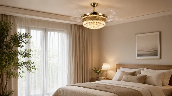 Crystal bladeless ceiling fan light luxury series operating silently in modern bedroom with soft airflow and elegant warm interior environment