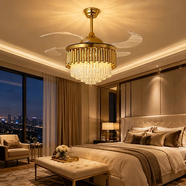 Crystal chandelier lighting details of a luxury ceiling fan with elegant glass and gold finishes
