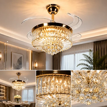 Crystal lighting design of a luxury chandelier ceiling fan with layered crystal decoration and LED illumination