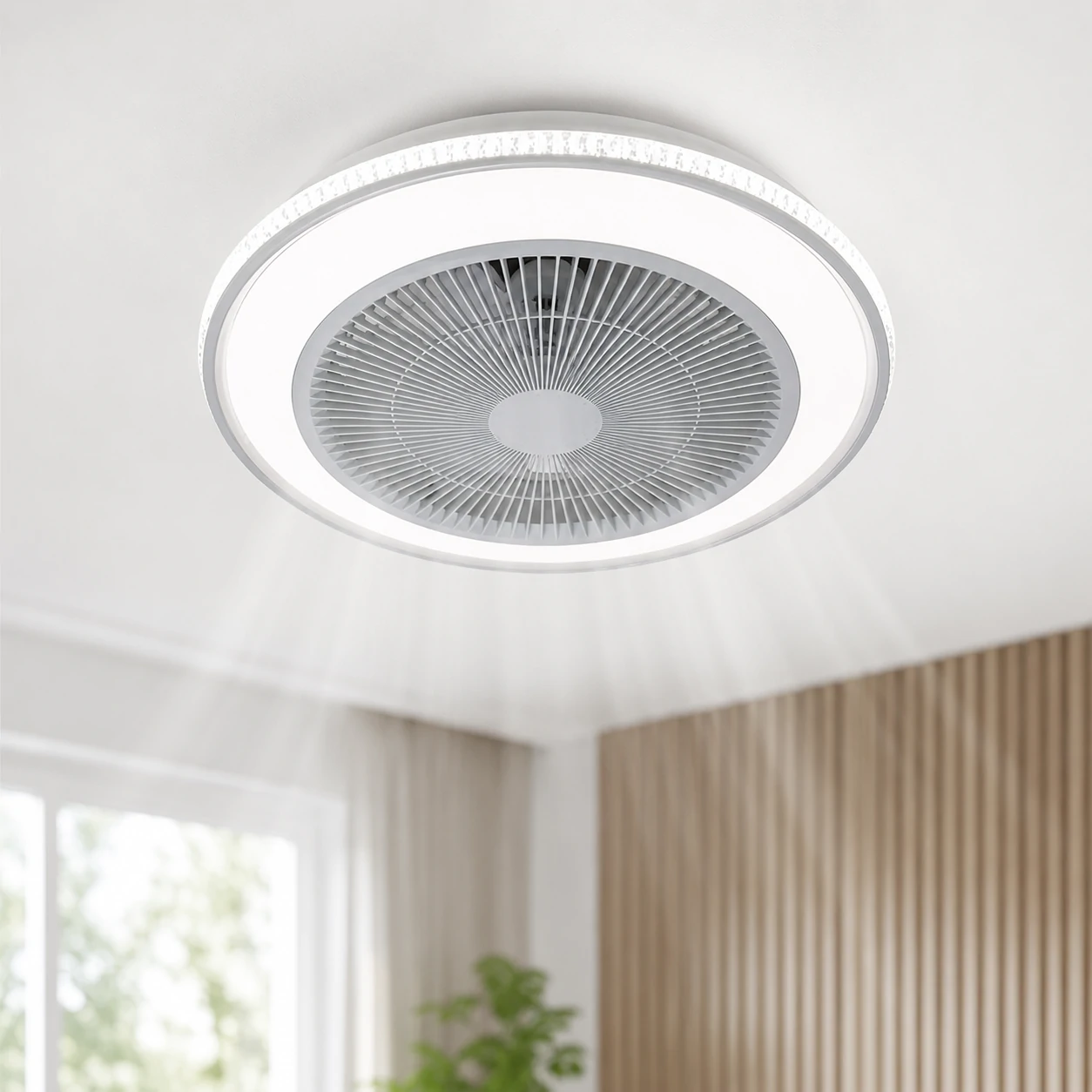 LED ceiling fan light with DC motor design providing smooth airflow in a modern room