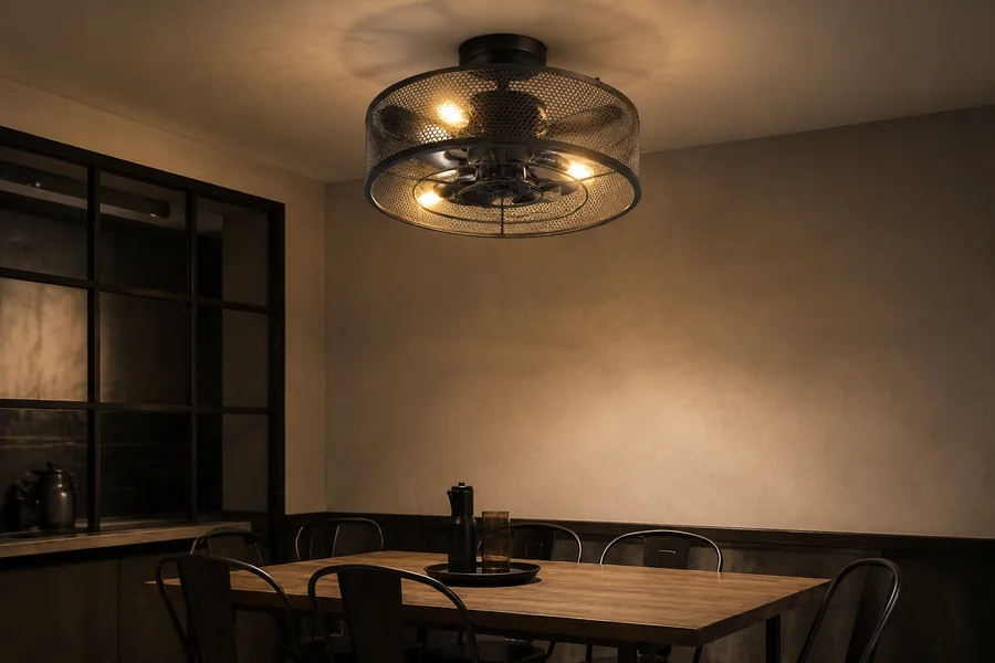 Decorative caged ceiling fan light in an industrial dining space