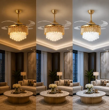 Dimmable 3CCT LED system on a crystal ceiling fan providing adjustable lighting for different spaces