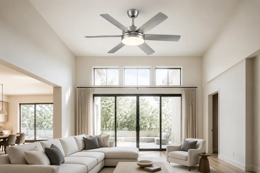 Downrod ceiling fan light mounted in a taller living room
