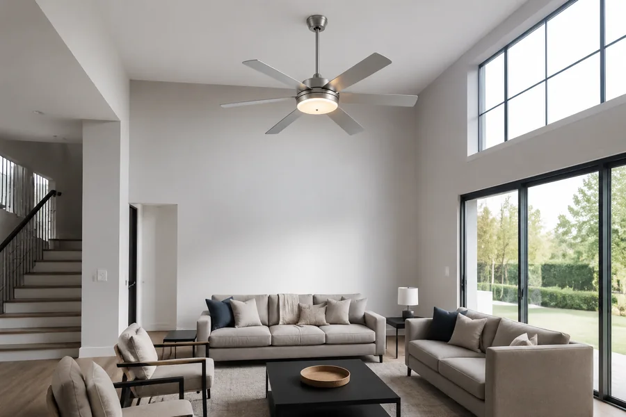 Downrod ceiling fan installed in a high ceiling living room