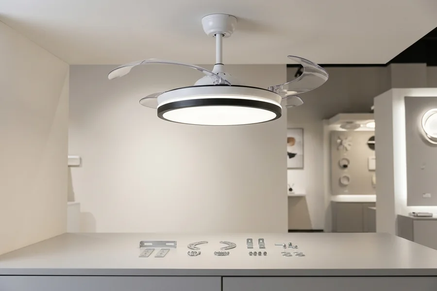 Dual mount ceiling fan light option in a clean showroom