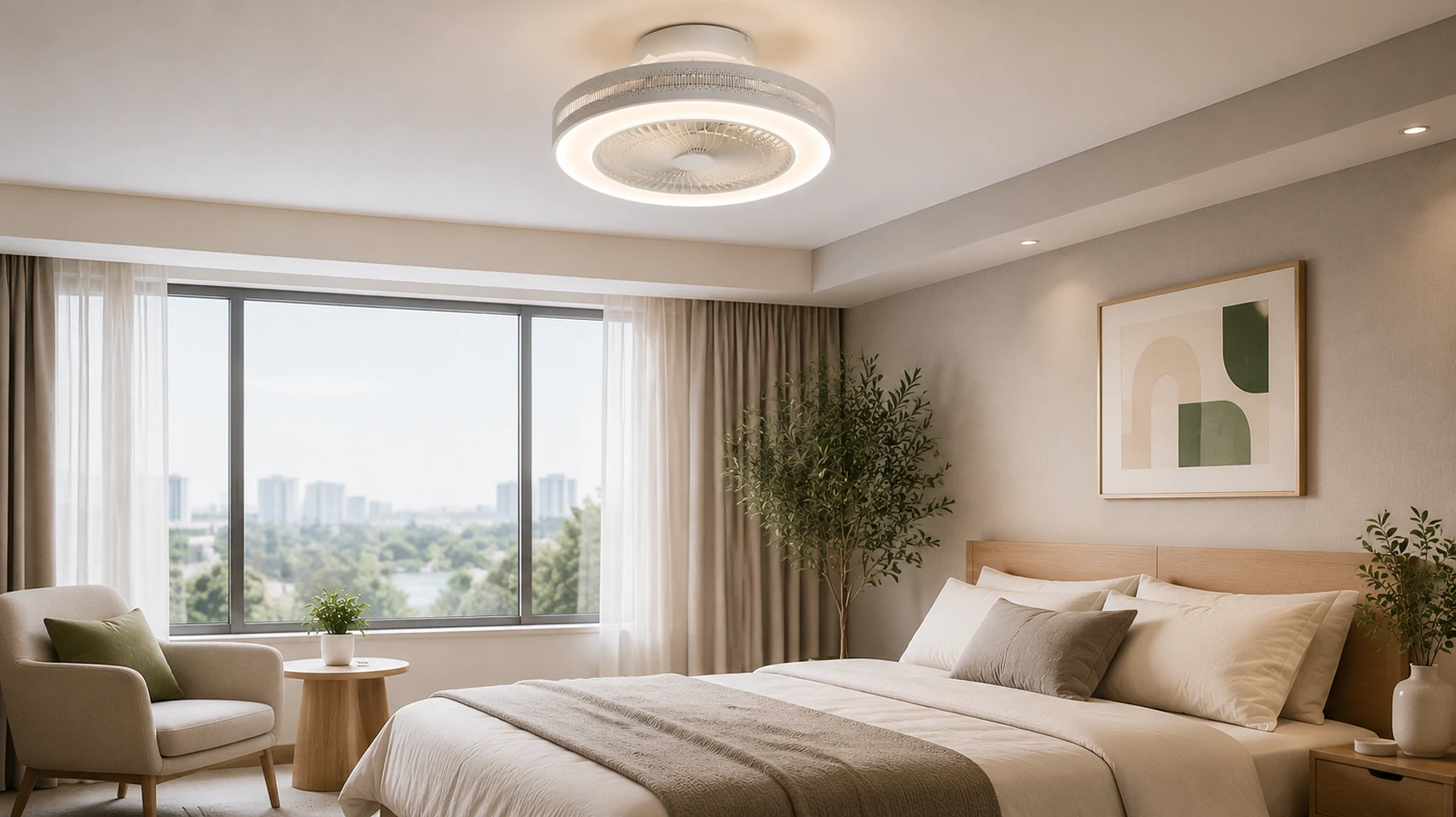 20 inch white ceiling fan flush mount design installed in luxury bedroom showing engineered performance for global residential and hospitality projects