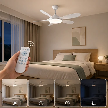 small ceiling fan with LED light displayed with customization samples including blade colors materials and remote control options for OEM ODM manufacturer development