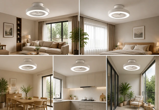 Hand using remote control to operate a flush mount ceiling fan with LED light in a modern bedroom interior