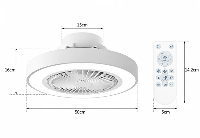 Technical diagram style visualization showing dimensions of a 21 inch flush mount ceiling fan with LED light and compact installation design