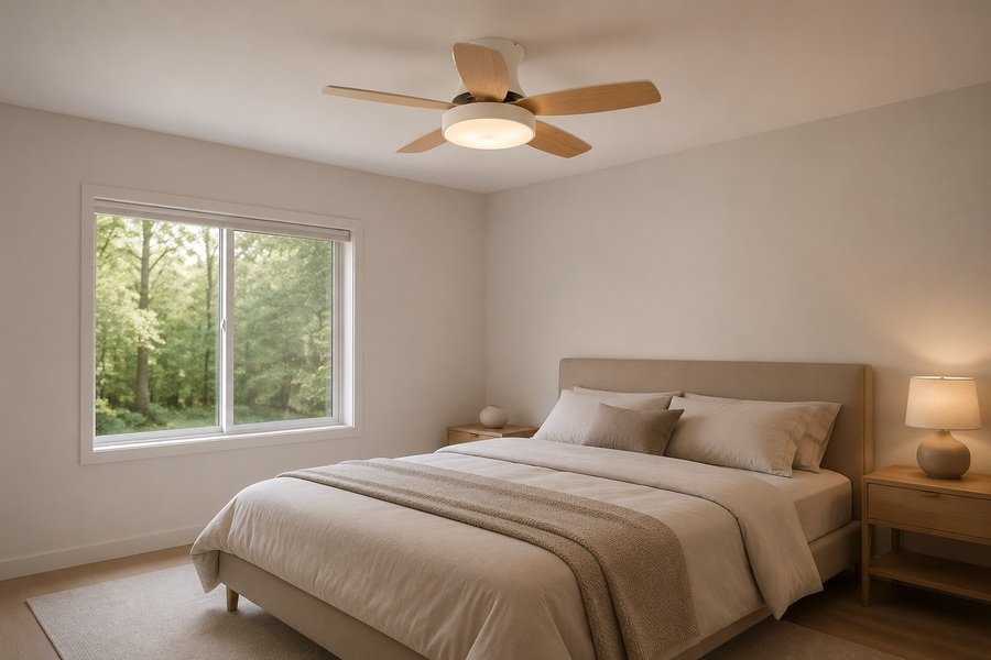 Flush mount ceiling fan installed in a low ceiling bedroom