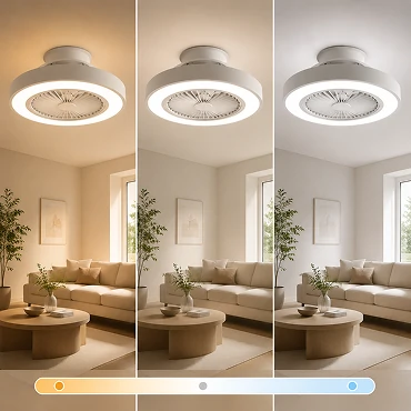 Low profile flush mount ceiling fan installed close to ceiling in modern bedroom interior with compact space saving design