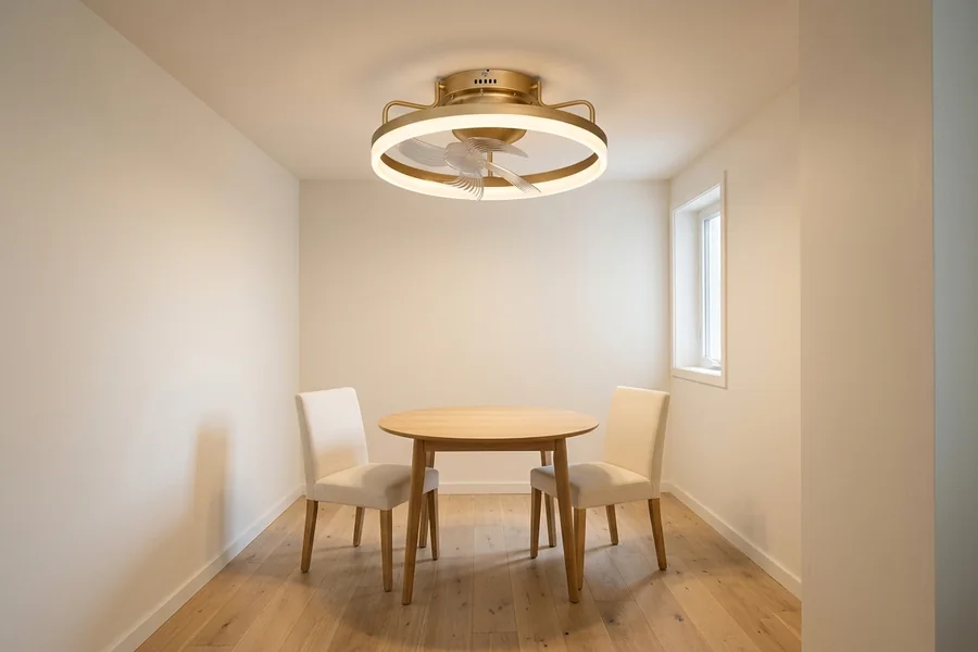 Flush mount ceiling fan with integrated light in a small dining nook