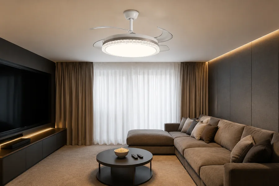 Flush mount fan airflow comfort in a low ceiling media room