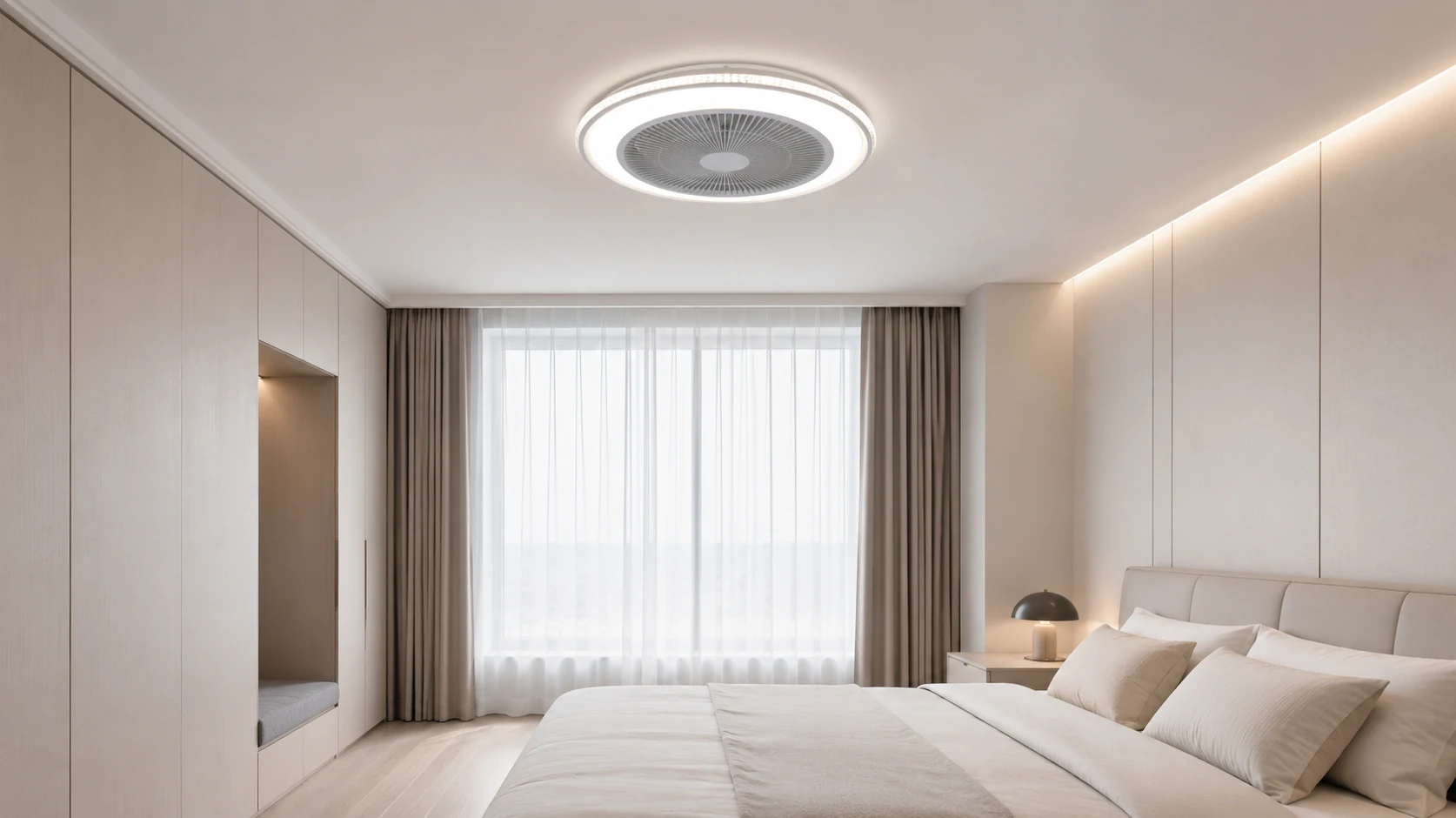 Flush mount LED ceiling fan light installed in a low ceiling bedroom for space saving comfort