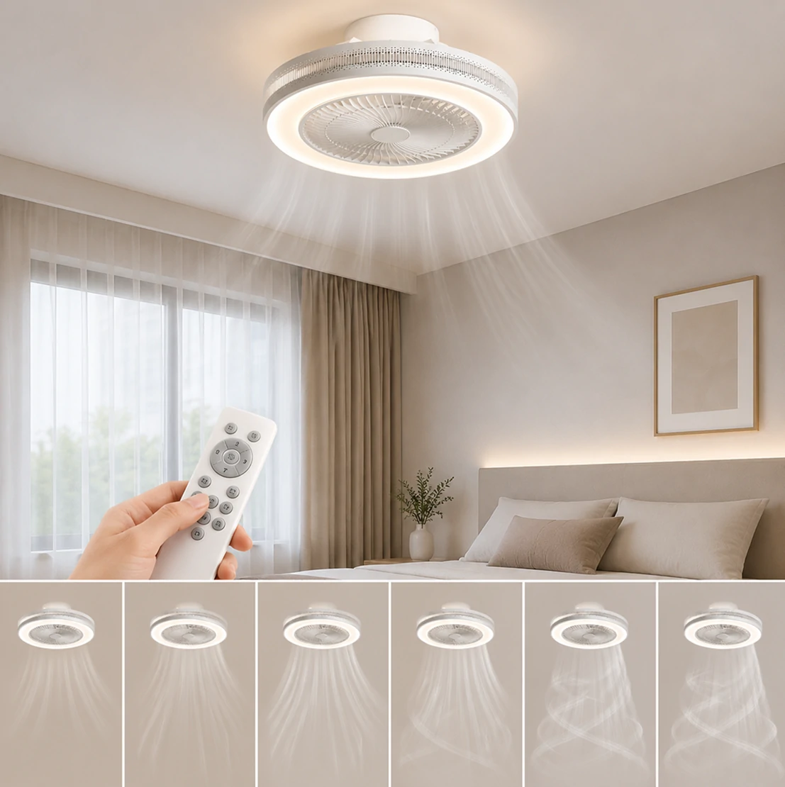20 inch white ceiling fan flush mount design showing compact installation suitable for low ceiling bedroom environments